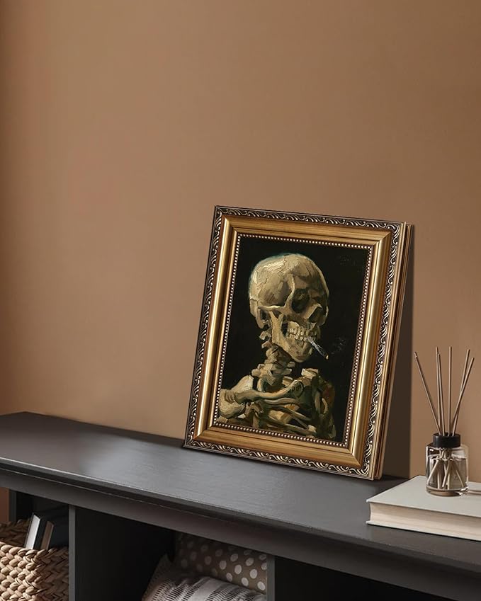 KBKBART Gold Framed Canvas Wall Art Skull of a Skeleton with Burning Cigarette Van Gogh Art Print, Dark Academia Wall Decor Gothic Wall Art for Halloween, Living Room, Bedroom, Office, Bathroom, Gothic - 9"x12"