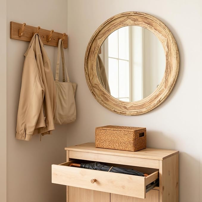 sawsile Round Wood Mirror 24" Natural Circle Wooden Nursery Farmhouse Rustic Decorative Large Wall Mirror for Bathroom,Living Room, Fireplace,Hallway