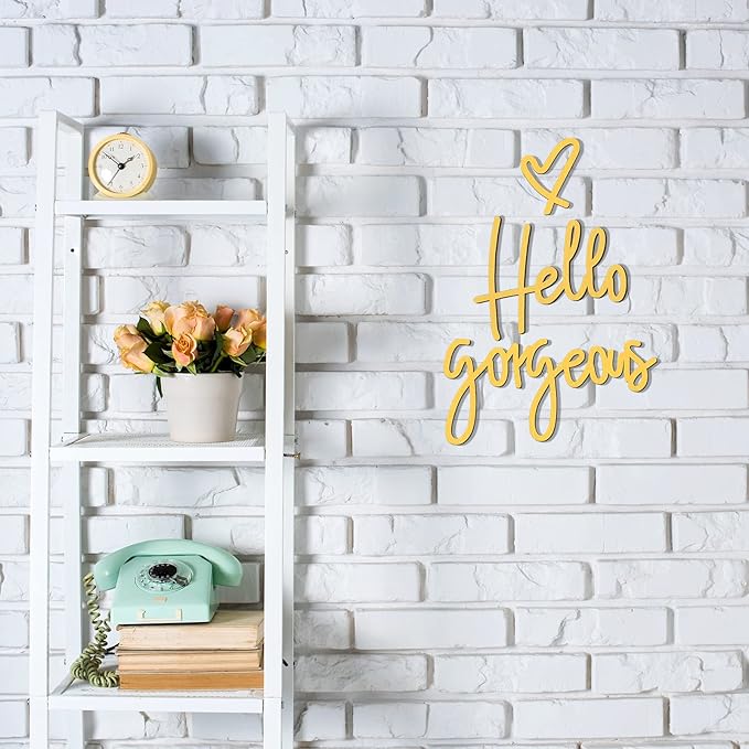 Blulu Hello Gorgeous Wall Decor Sign Hello Gorgeous Wall Art Minimalist Wooden Words Decor for Lash Room, Salon, Vanity or Makeup Room, Bathroom, Bedroom, Office(Gold)