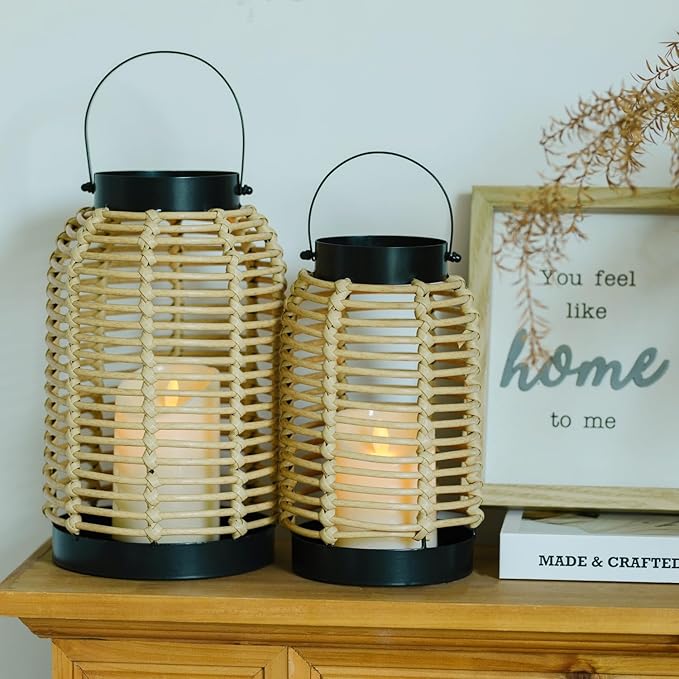 14in Lanterns Decorative for Home Decor- Decorative Candle Lanterns w/ LED Candles- Boho Rattan Woven Hanging Black Lanterns Decor for Indoor, Outdoor, Patio & Porch, Tabletop, Fireplace & Mantle