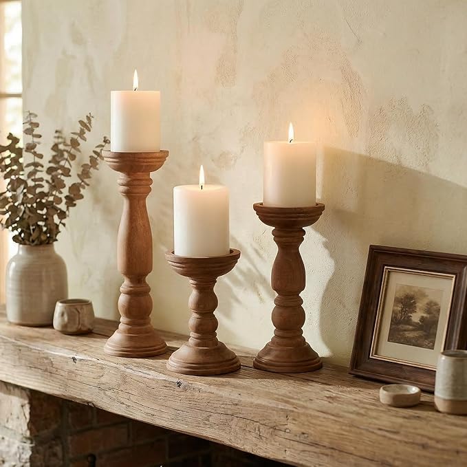 Farmhouse Wooden Candle Holders for Pillar Candles Set of 3, Rustic Wood Candle Holder Table Centerpiece Decor, 12'' 9'' 6'' Vintage Tall Candle Stand Decorative, Brown