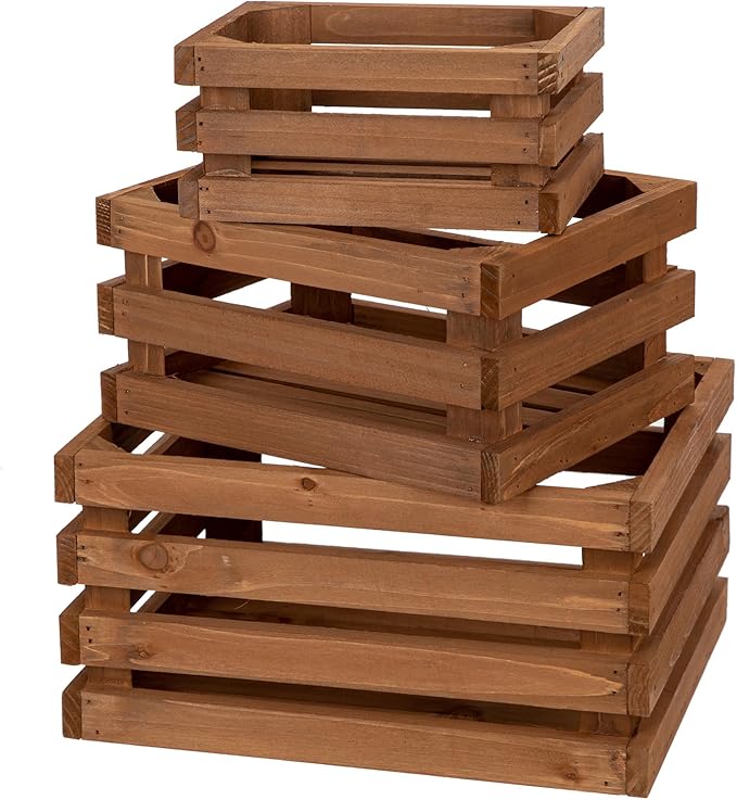 Set of 3 Nesting Wooden Storage Crates - Rustic Wooden Storage Crates for Display Brown Wood Container Boxes Wood Baskets for Farmhouse Flower Stand Display Rack for Shops or Exhibitions Home Decor