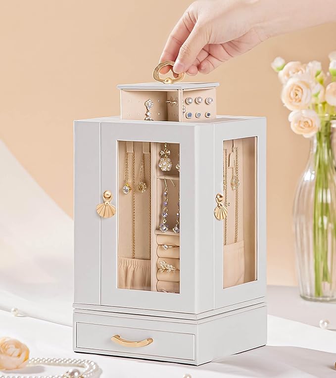 Enthralite Jewelry Box Large for Dresser: Women Necklace Ring Storage Organizer with Compartments - Elegant Earring Holder Display - 360° Rotating Jewelry Organizer with Glass Door