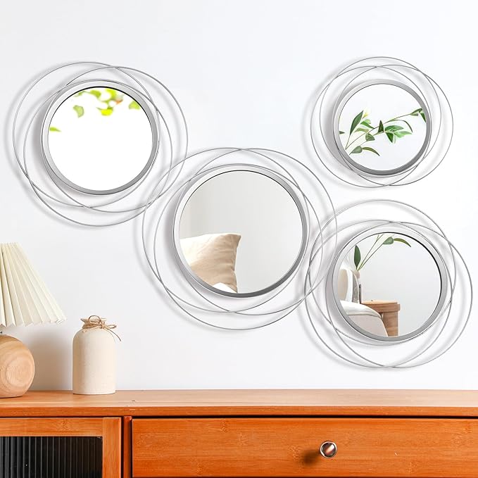 Hicarer 4 Pcs Decorative Wall Mirror Round Modern Mirror Circle Mirror Wall Art Ring Metal Mirror Wall Decor Wall Mounted Mirror for Bedroom Living Room Entryway Dining Room Hallway (Silver)