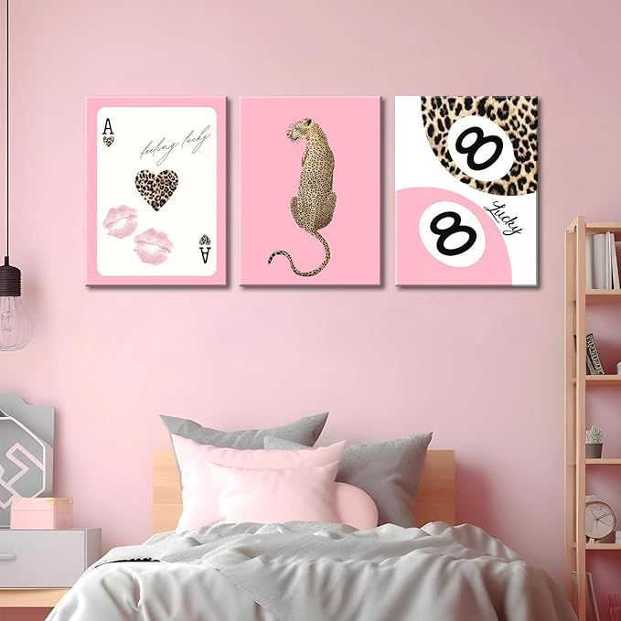 Set of 3 Trendy Pink Leopard Canvas Wall Art Cheetah Lucky 8 Ball Posters Prints Preppy Cheetah Aesthetic Wall Decor Pictures for Girly Bedroom Apartment Dorm Decoration 12x16in
