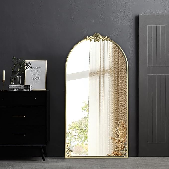 POZINO Gold Arched Mirror, 22"x47" Ornate Carved Mirrors, Vintage Arch Mirror with Metal Frame, Large Elegant Decorative Mirrors for Living Room Mantel Bathroom Bedroom Entryway