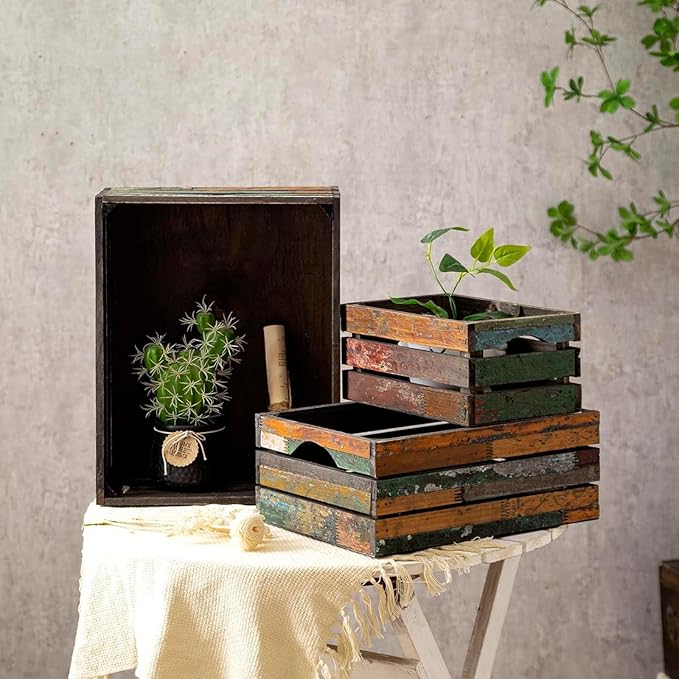 Barydat Set of 5 Wood Crates for Display Decorative Nesting Wooden Crate Storage with Handles Vintage Farmhouse Style Decorative Boxes Multipurpose Fruits Vegetables Boxes(Colored Drawing,Random)