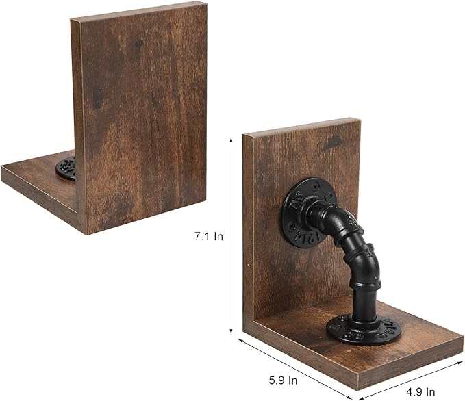 Rustic Decorative Wooden Tabletop Farmhouse Bookends for Heavy Books with Modern Industrial-Style Pipe Office Desktop Bookshelf Organizers Stoppers Holder Nonskid Shelf Decor 1-Pair (Dark Brown)