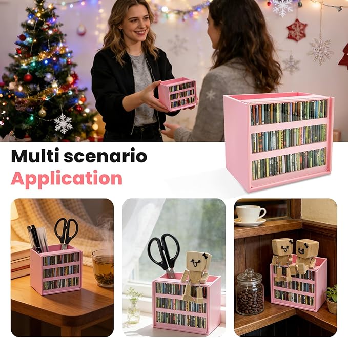 Pink Anxiety Bookshelf with 100 Mini Books, Cute Miniature Library Stress Relief Toy, Shaking Book Shelf Ornament, Bookmark Holder & Pencil Organizer, Aesthetic Room Decor, Gift for Bookish Her