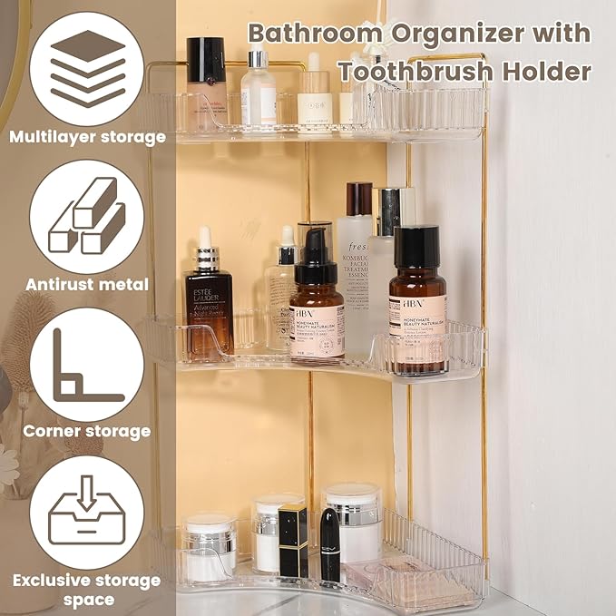 90 Degree Corner Shelf Organizer, 3 Tier Bathroom Countertop Storage Rack, Space Saving Desktop Organizer for Makeup, Skincare, Perfumes, Kitchen Pantry, Transparent 3 Layer Display Shelf
