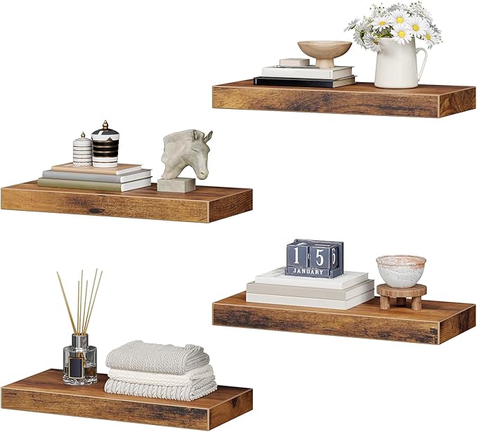 RALGEND Floating Shelves for Wall, 1.5" Thick Wall Shelf Set of 4 with Invisible Brackets, 15.7L x 7.9W Hanging Shelves Farmhouse Home Decor for Bathroom, Living Room, Bedroom, Rustic Brown 4301BJP4BF