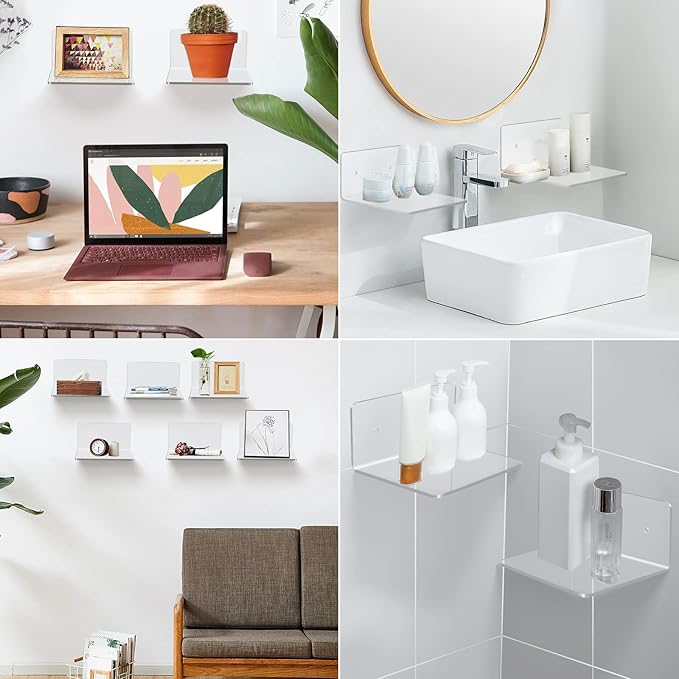 4 Pack Small Wall Shelf, 4'' Acrylic Wall Shelves Display Ledges for Storage & Decoration, Small Floating Shelf for Wall with 2 Types of Installation (Adhesive or Screw)