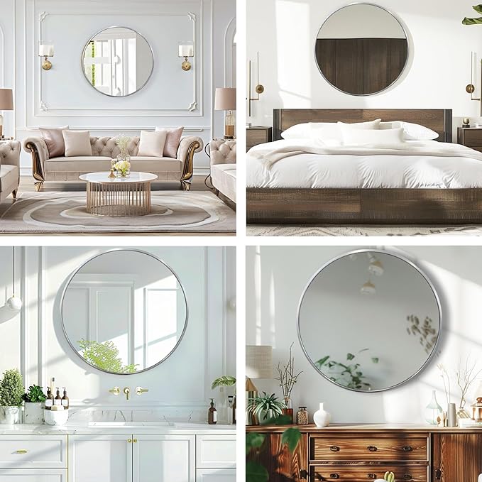 Round Silver Mirror, 30 Inch Circle Silver Mirror, Metal Frame Round Wall Mounted Mirrors for Bathroom, Living Room, Bedroom, Entryway, Vanity, Chrome, Nickel