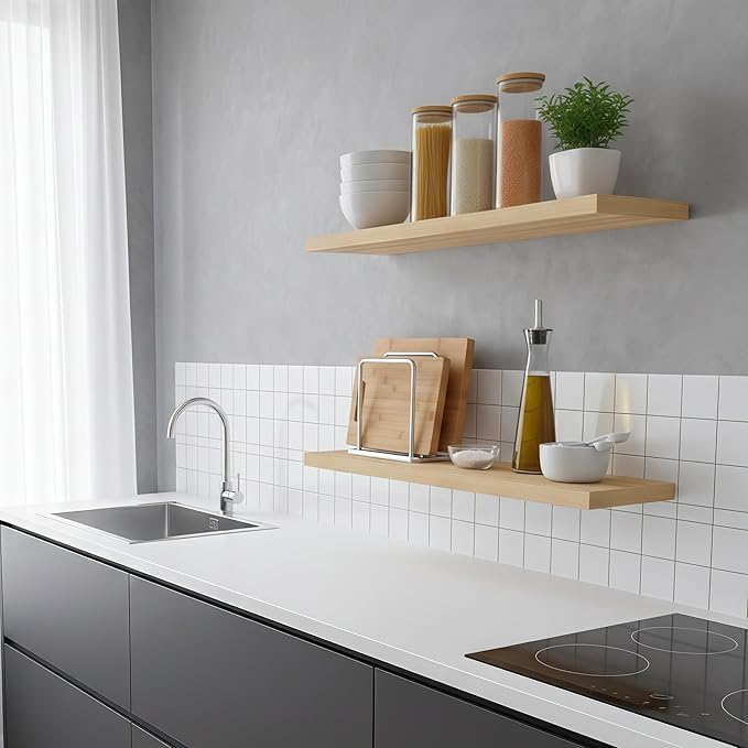 Lufia Floating Wall Shelves, Set of 2, MDF with Invisible Brackets, Modern Storage for Bedroom, Bathroom, Living Room, Kitchen (Oak, 32" W x 7" D x 1.5" H)