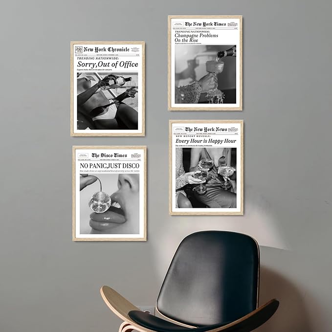 Bwodke OAK Wood Framed Wall Art Champagne Problems On the Rise Canvas Art Vintage Newspaper Pictures Wall Decor Trendy Prints Funny Artwork for Girly Dorm Bedroom 12"x16"