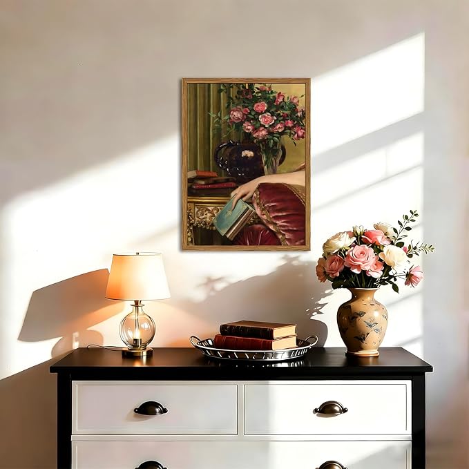 Framed Vintage Wall Art, Moody Victorian Wall Decor Paintings, Mid Century Modern Antique Book Woman Still Life Canvas Prints Pictures Home Decor Aesthetic for Living Room Bedroom Bathroom 16x24 inch