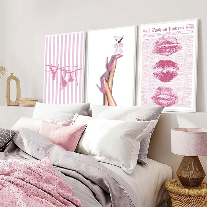 3Pcs Trendy Coquette Wall Art Pink Lips Bikini & Bow Heels Wall Decor Pictures Vintage Martini Newspapaer Canvas Posters Prints for Y2K Girly Room Dorm Apartment Preppy Aesthetic Decor 12x16in