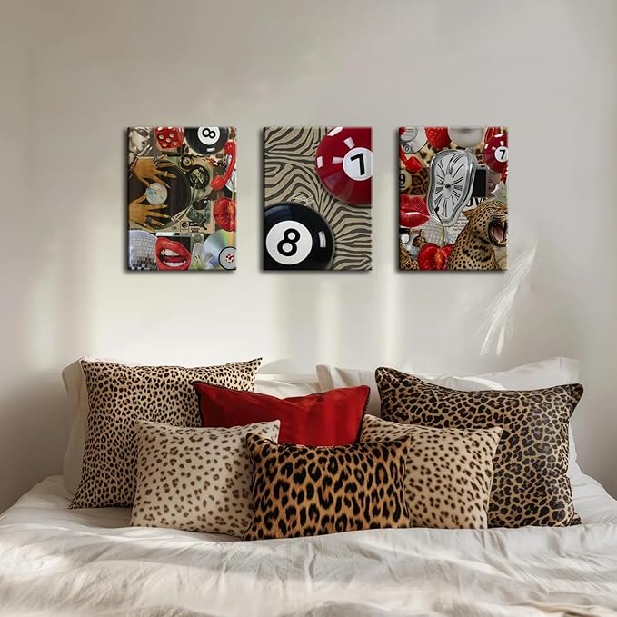 Trendy Leopard Cheetah Wall Art Set of 3, Black Woman Wall Decor Paintings Black Teen Girl Music 8 Ball Poster Canvas Prints Aesthetic for Bedroom Living Room Dorm 12x16 inch Framed