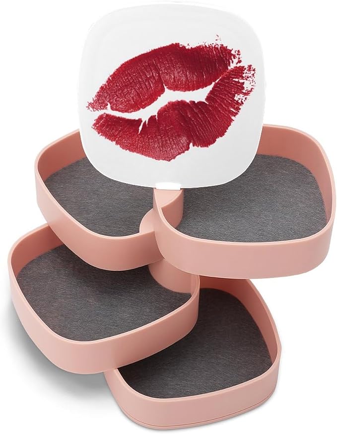 Red Lipstick Kiss Mark Makeup Texture Jewelry Boxes for Women, Earring Holder Organizer Rotating Jewelry Organizer for Necklaces Bracelets Ring