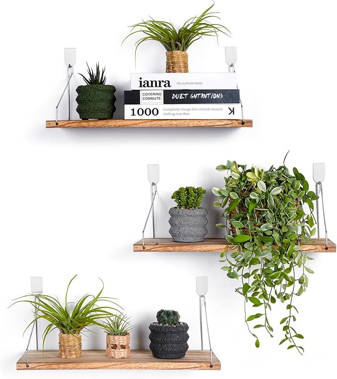 MITIME Floating Shelves Set of 3 Rustic Solid Wood Floating Shelf Wall Storage Shelves for Living Room, Bedroom, Bathroom, Kitchen Laundry, Office,no Drill Shelf(Light Color L+L+L)