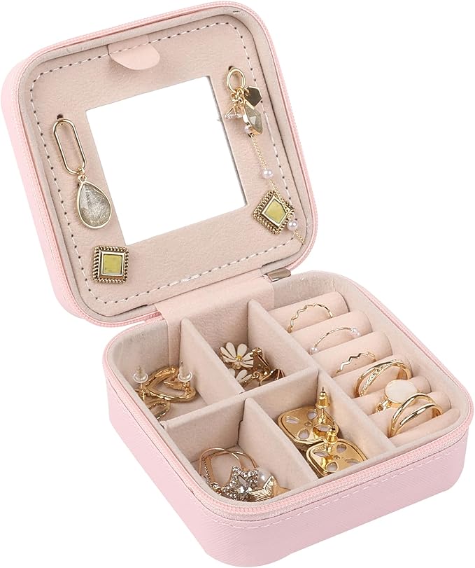 OceeK Travel Jewelry Case Box with Mirror,Travel Jewelry Box Organizer Holder Stocking Stuffers,Pink,1 Pack