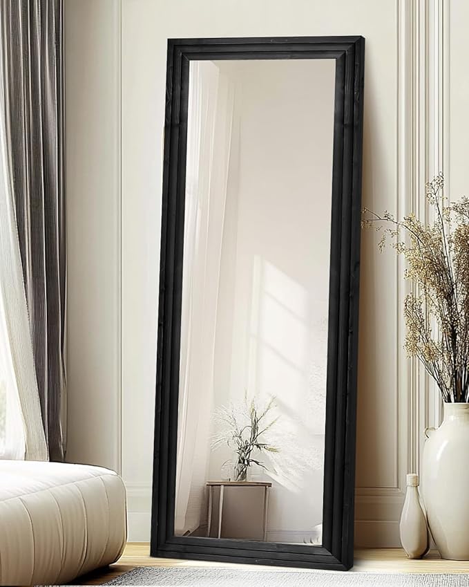 Full Length Mirror 65"x22" with Stand Solid Wood Frame Floor Large Mirror for Living Room, Bedroom Hanging Standing or Leaning Wall-Mounted, New Black