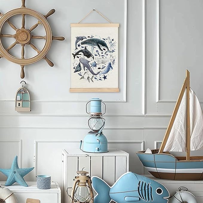 RYYCDOI Ocean Marine Life Wall Art, Sea Animal Whale Dolphin Turtle Shark Poster Hanger Frame for Kids Room Nursery Bathroom Decor, Under the Sea Decor, 12x16 Inches