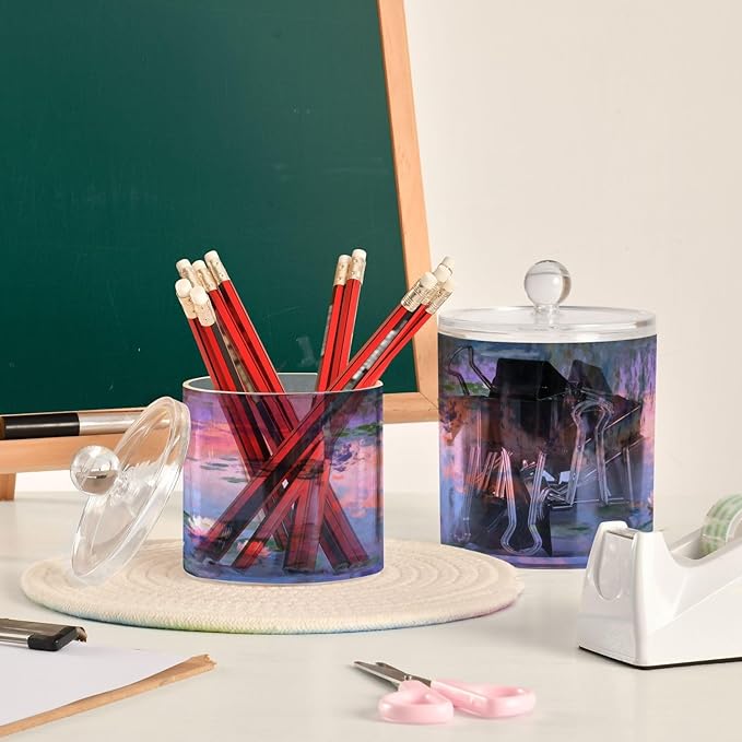 Oil Painting Lake Waterlily Purple Clear Plastic Makeup Organizer Storage with lid Pantry Essentials Decorative small storage bins for Cotton Swabs,Cotton Pads,Floss Picks,Paper Clips,Hair