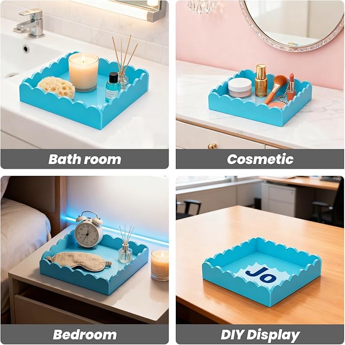 Scalloped Acrylic Tray, Glossy Blue Acrylic Decorative Tray for Home Decor, 8x8 Inch Acrylic Organizer Tray for Bathroom Vanity Countertop Square Acrylic Display Tray for Jewelry (Square Blue)