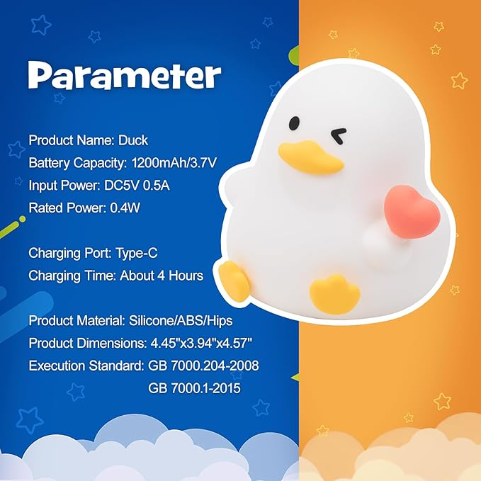 Duck Night Light Squishy Silicone Nursery Breastfeeding Nightlight with Timer 3-Level Warm White & RGB Color Modes Cute Duck Lamp Rechargeable Touch Bedside Desk Animal Lamp for Bedroom Dorm Decor