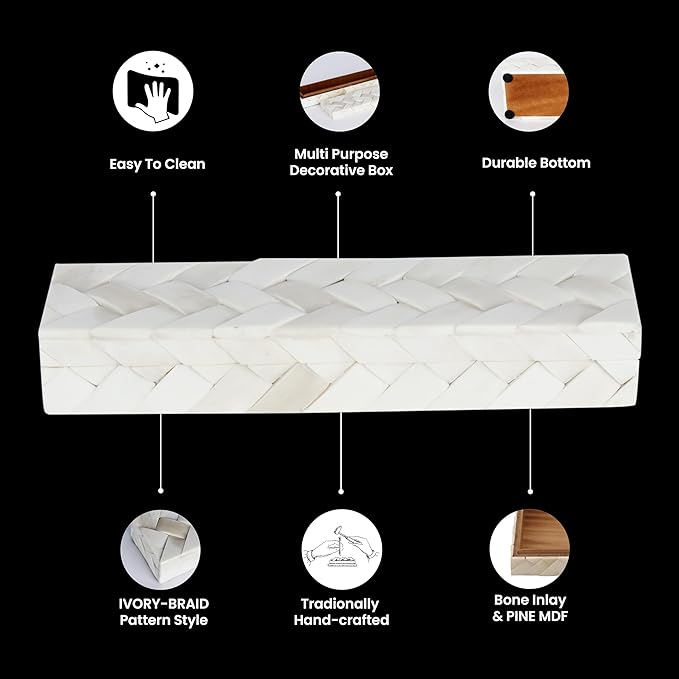 Handicrafts Home Handmade Ivory Pattern Decorative Box - Storage Organizer, Decor Centrepiece, Memory Keepsakes, Home Decor - Boho Style Treasure Box, Multipurpose Gift - Braid, 10x2.5x1.5