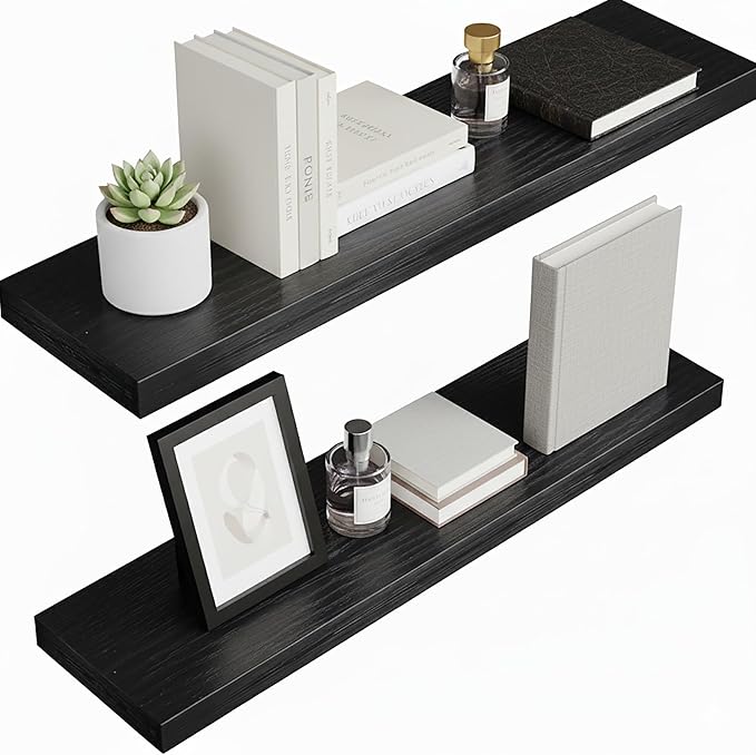 Lufia Floating Wall Shelves, Set of 2, MDF with Invisible Brackets, Modern Storage for Bedroom, Bathroom, Living Room, Kitchen (Black, 28" W x 7" D x 1.5" H)