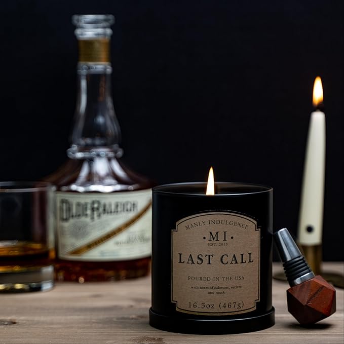 Manly Indulgence Last Call Scented Candles for Men, 16.5 oz Single Wick, Premium Soy Blend Wax, 60H Burn, Candles for Home Scented – Made in The USA