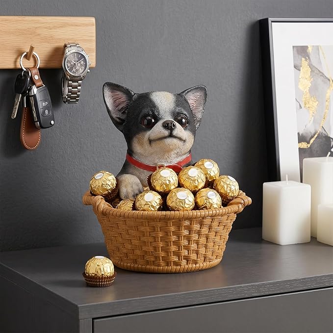 Dog Resin Storage Basket, Desktop Organizer for Remote & Keys, Cute Home Decor Tray, Ideal present for Pet Lovers.(Chihuahua Pied)