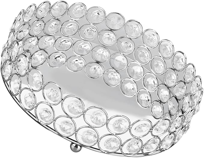 8 Inch Round Vanity Tray Mirrored Crystal Metal Display for Makeup Perfume Jewelry Organizer and Home Decor