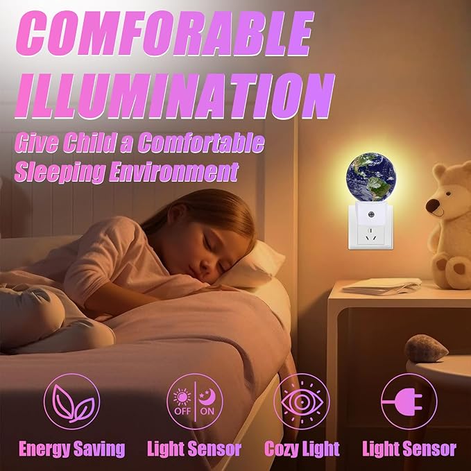 Earth Night Light Blue Planet Night Lights LED Lamp Round Plug into Wall Nightlight with Dusk to Dawn Sensor Home Hallway Stairway Kitchen Decor