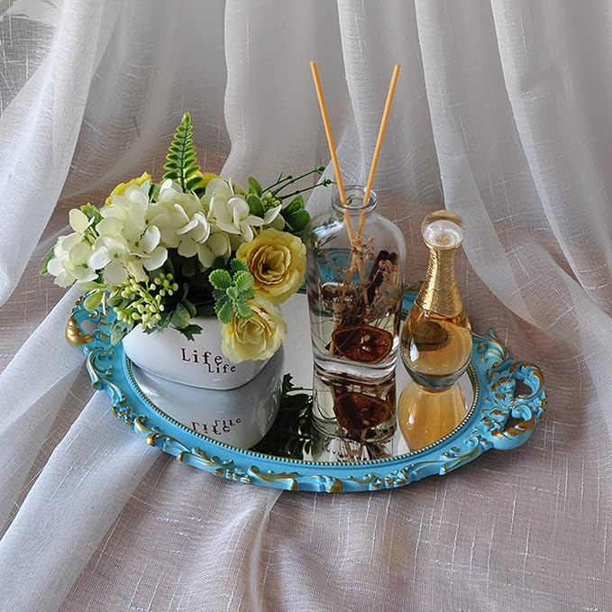 Oval Decorative Mirror Tray, French Style Flower Frame, Makeup Organizer, Jewelry Organizer, Serving Tray, 9.8"x 14.6", Golden Blue