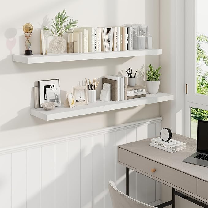 Fun Memories 48 Inch White Floating Shelves, 9.3 Inch Deep Wall Shelves for Living Room|Bedroom|Kitchen, Rusitc Wall Mounted Bathroom Shelves 2 Pack, Heavy-Duty Deep Shelf for Books,Decor