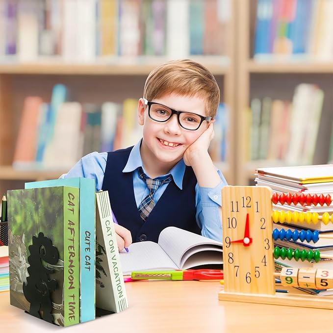 Black Dinosaur Bookends for Shelves, Dinosaur Metal Book Ends L-Shaped Home Decorative Bookends Book Holder Stopper Desk Organizers Book Dividers for Kid Boy Bookshelf Office School Library