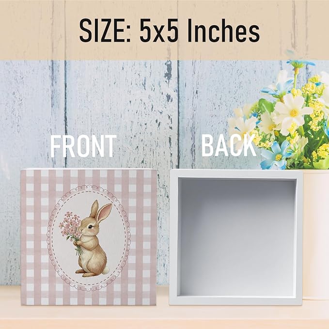 Pink Bunny Wood Box Sign Desk Decor, Bunny Decorations, Pink Easter Theme Wooden Block Box Sign Decoration for Home Office Shelf Table Decor 5x5