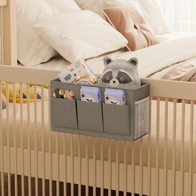 Edudif Dual-purpose Bedside Caddy Bedside Organizer, Bed Caddy with 6 Pockets, Versatile Bedside Storage Solution Magazine Remotes holder, ideal for Home, Dorm, Hospital, Crib Bed (Grey)
