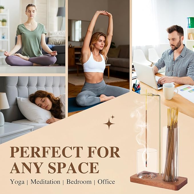 2 in 1 Incense Holder for Sticks with Glass Ash Catcher, Upside Down Anti-Ash Incense Stick Burner, Modern Vertical Incense Holder for Yoga, Spa, Meditation and Home Decor (Sqare)