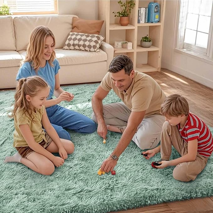 FinRèc Light Green Rug for Bedroom Living Room, 4x6 Feet Fuzzy Shaggy Area Rug, Non-Slip Fluffy Furry Rugs for Kids Room Dorm Room Home Decor, Indoor Plush Floor Carpet