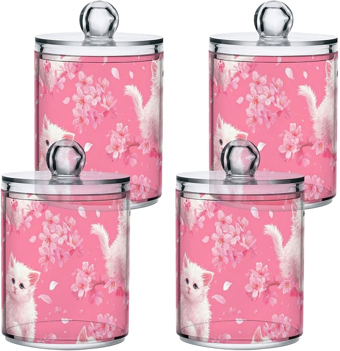 2 Pack Apothecary Jars Whimsical White Kitten Cherry Bathroom Vanity Storage Organizer Set,Small Clear Plastic Storage Jars Bathroom Canister for Cotton Swabs, Rounds, Balls, Qtips,Makeup Spong