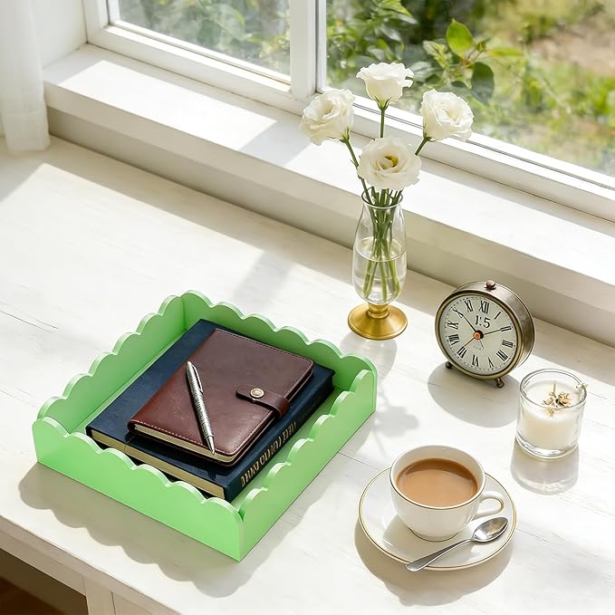 Scalloped Acrylic Tray, 8x8 Inch Glossy Green Acrylic Decorative Tray for Home Decor, Acrylic Organized Tray for Bathroom Vanity Countertop Square Display Tray for Perfume (Square Green)