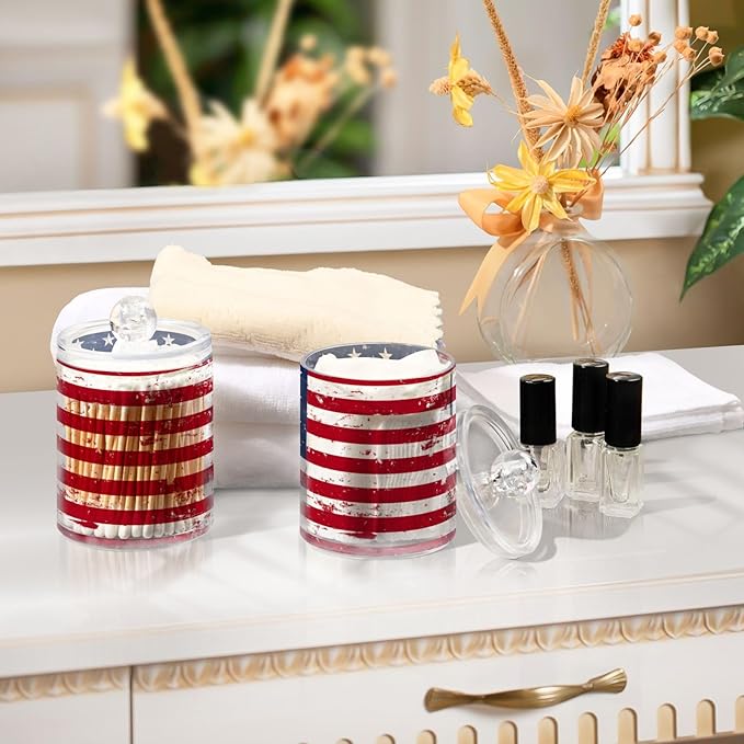 Nander 4Pack Retro American Flag Qtip Holder Dispenser -Clear Plastic Apothecary Jars Set - Restroom Bathroom Makeup Organizers Containers for Cotton Swab, Ball, Pads, Floss