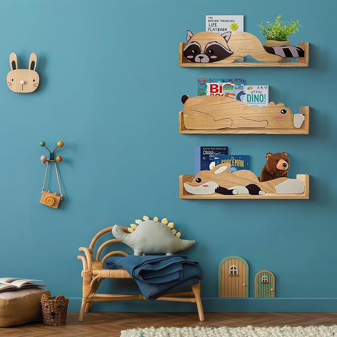 3 Floating Shelves, Wall Shelf for Kids Rooms, Woodland Nursery Bookshelves, Bear Fox and Raccoon 24inch