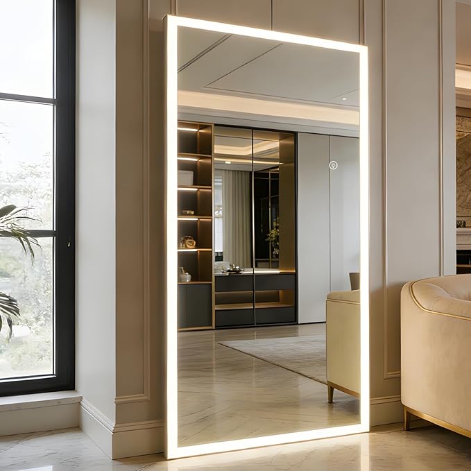Full Length Mirror with Lights, 180x80cm Full Body Mirror with Light, Lighted Floor Mirror, LED Full Length Mirrors Wall Mounted Dimming & 3 Color Lighting for Bedroom, White