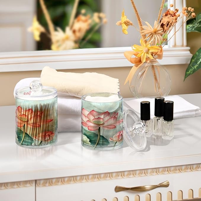 Nander 2Pack Beautiful Watercolor Lotus Flower Qtip Holder Dispenser -Clear Plastic Apothecary Jars Set - Restroom Bathroom Makeup Organizers Containers for Cotton Swab, Ball, Pads, Floss