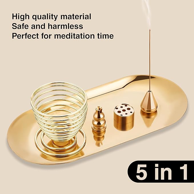 5 in 1 Incense Burner, Sage Holder, Copper Incense, Palo Santo Sticks Holder, 6.9 inches Alloy Cone Ash Catcher, Incense Coilfor Meditation Yoga Room